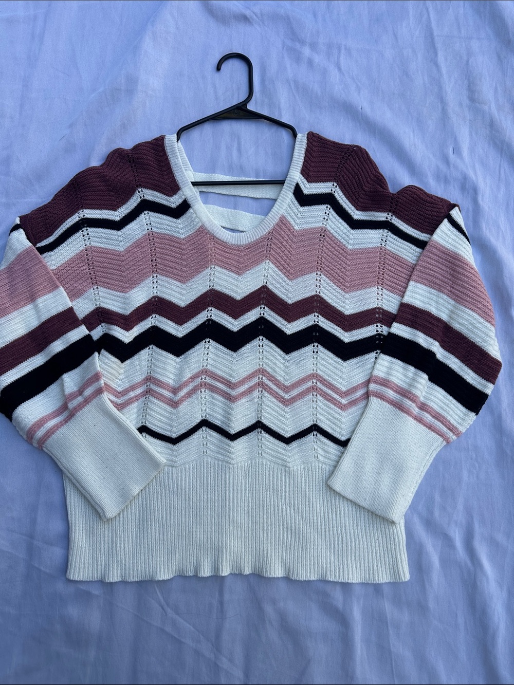 Chevron Stripe Crewneck Sweater in White, Pink & Burgundy
